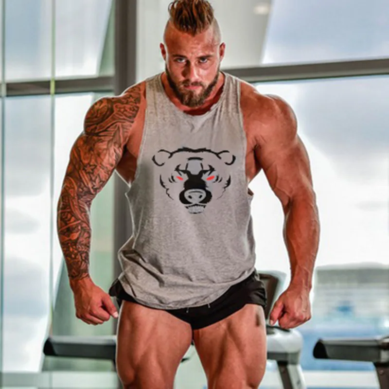 

2018 Bodybuilding Gyms Tank Top Men Cotton Gyms Bear Vest Muscle Fitness Men Shirt Sleeveless Head Brand-Sportwear Clothing