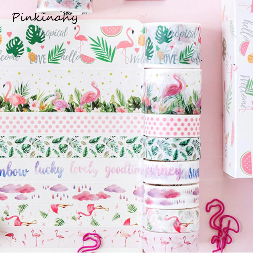 10 Pcs/lot Decorative Paper Plants and Pink Flamingo Washi Tape Set Japanese Stationery Kawaii Scrapbooking Supplies Stickers | Канцтовары