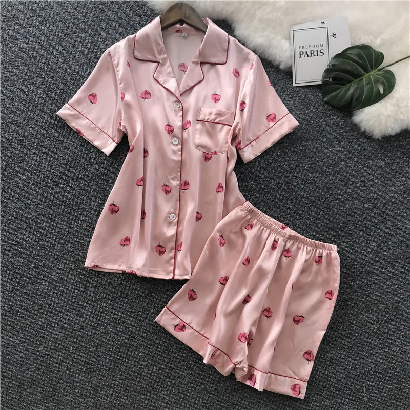 

MECHCITIZ 2018 Symmer Women Ladies Sexy Satin Silk Pajamas Sets Short Sleeve Tops+Shorts Sleepwear Nightwear pyjama femme