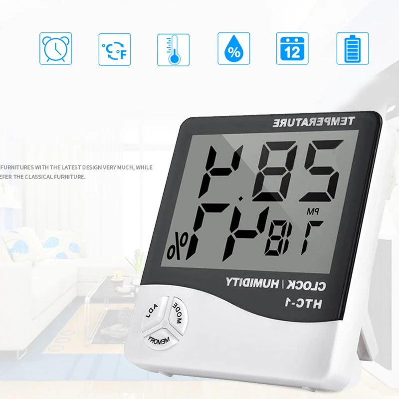 Digital Thermometer Hygrometer Electronic LCD Temperature Humidity Meter Weather Station Indoor Outdoor Room Clock