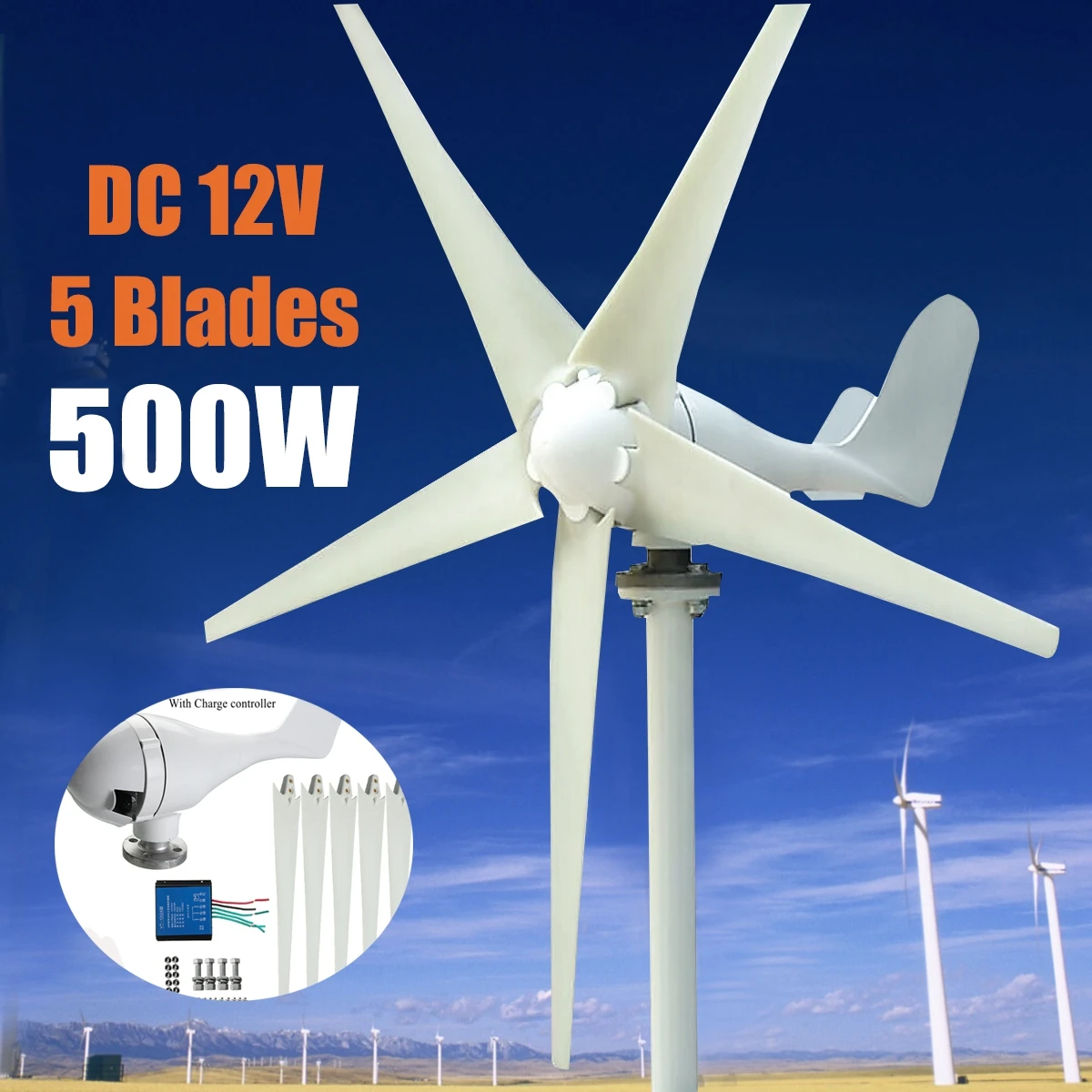 

Max 600W Wind Turbine Generator DC 12V/24V 5 Blade Power Supply with Charge Controller for Home Hybrid streetlight use