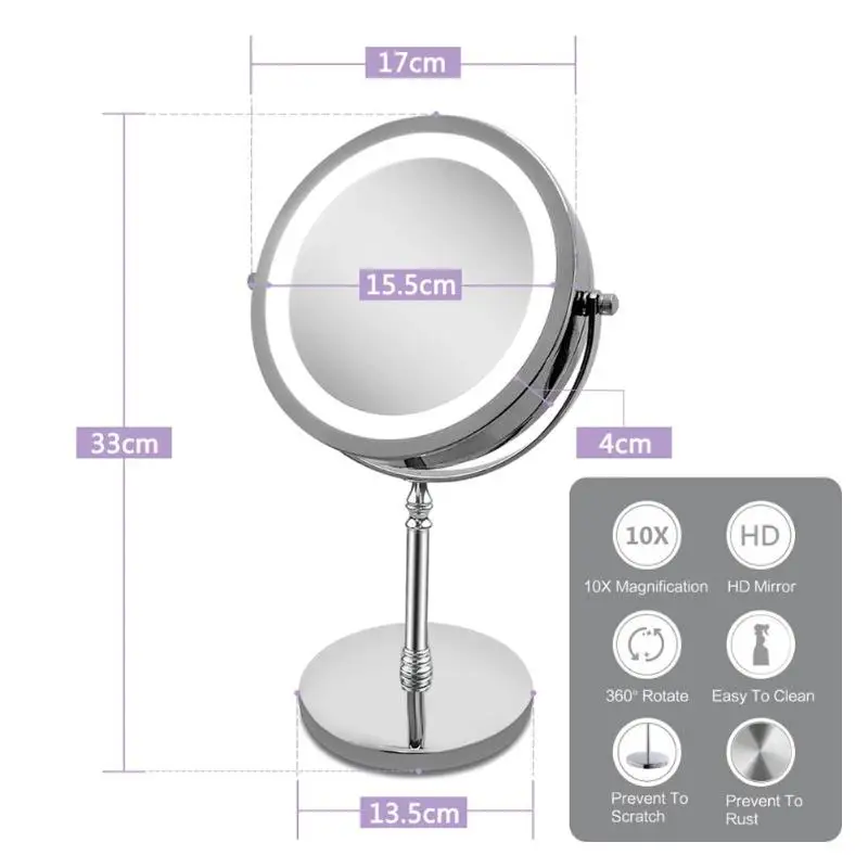 7-дюймовый 10x увеличение круговой зеркало для макияжа двойной 2стор круглый Форма 18 светодиодов вращающихся косметический подставка для