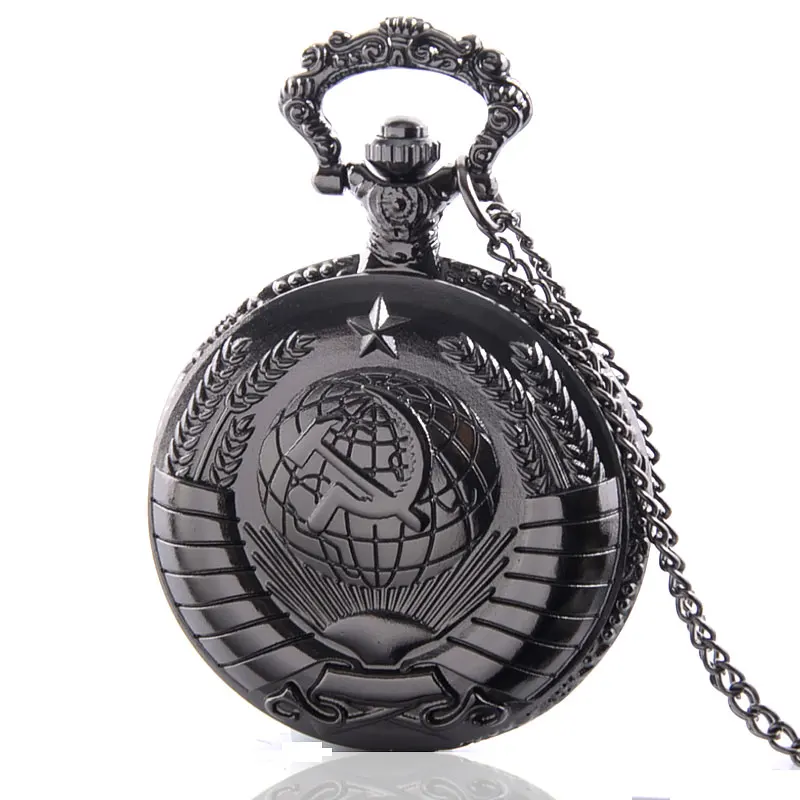 

Black USSR Soviet Badges Sickle Hammer Pocket Watch Necklace Bronze Pendant Chain Clock CCCP Russia Emblem Communism Men Women