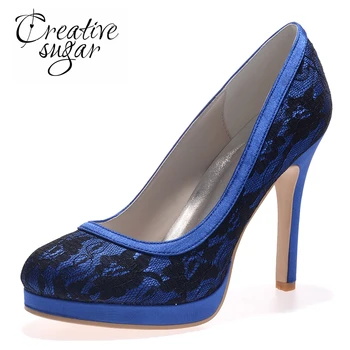 

Creativesugar Elegant woman lace wedding blue black white high heel dress shoes party prom graduation pumps platform heels