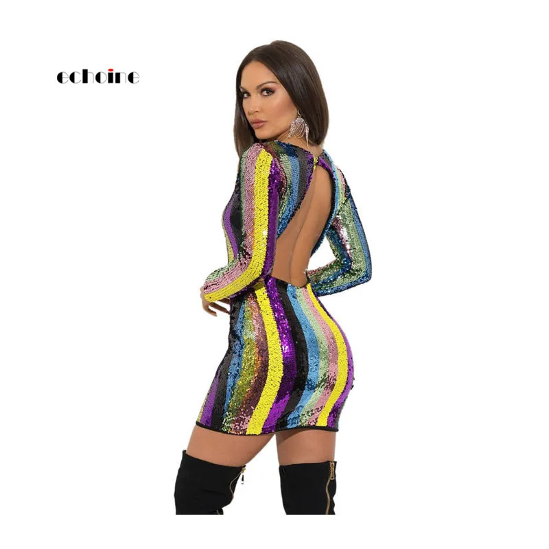 

Echoine Women Sexy Party Dress O-Neck Gilding Sequin Multicolored Stripe Patchwork Long Sleeve Slim Midi Charming Female Vestido