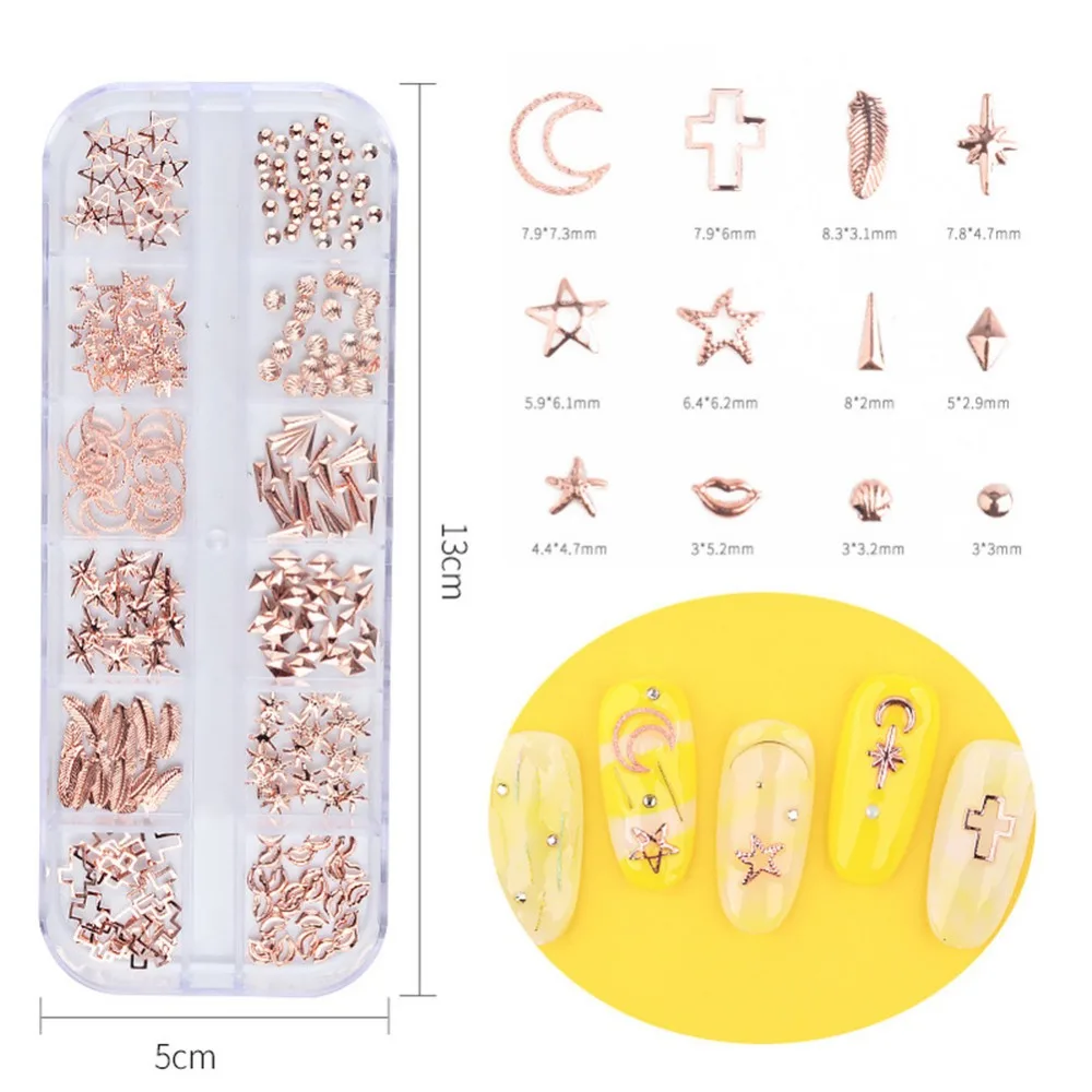 

12 Grids/Set Golden Rose Rivet Dust Nail Decorations DIY Cool Decor Accessory for 3D Nail Art Manicure Rhinestones 2018 Japanese