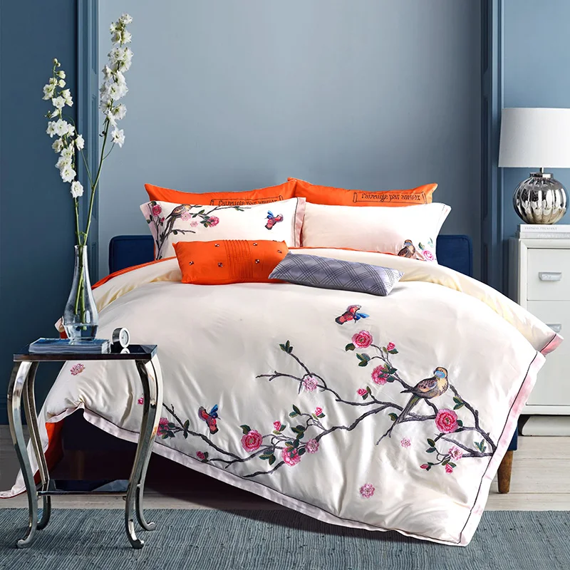 

Beige 4pcs flower birds Embroidery Bedding Sets adults Beddingset Bed Linen Duvet Cover Bed Sheet Pillowcase/bed Set