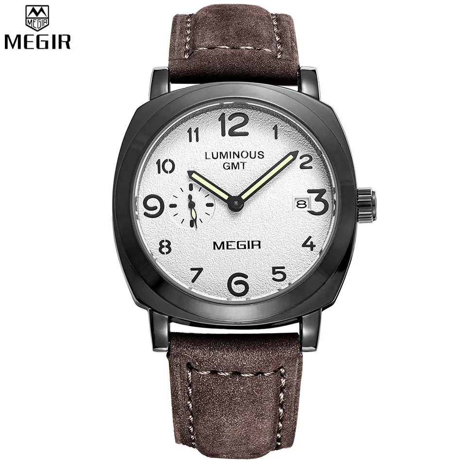 MEGIR Men Hot Sale Brand Unique Design Sports Watches Quartz Brown Strap White Dial Waterproof Wristwatch