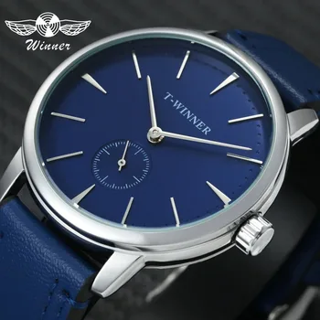 

WINNER 2019 Fashion Blue Watch Men Mechanical Movement Leather Strap Working Sub-dial Top Brand Luxury Minimalist Wristwatches