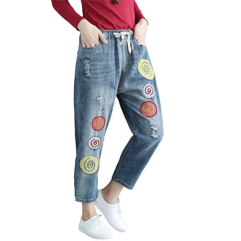 Женские джинсы-капри в стиле пэчворк размера плюс, осень, эластичная резинка на талии, свободные, повседневные, Ретро стиль, женские джинсовые штаны-шаровары с дырками