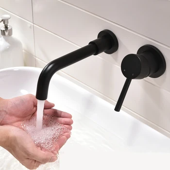 

Black Brass Wall Mounted Basin Faucet Single Handle Bathroom Mixer Tap Hot Cold Sink Faucet Rotation Spout Burnished Gold