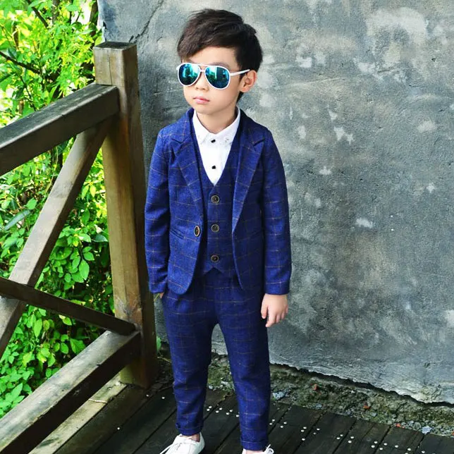 Flower Boys Plaid Wedding Suit Brand England Style Gentle Boy Formal Tuxedos Suit Kids Spring 3Pcs Clothing Set Costume N68