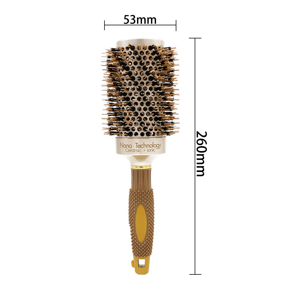 Профессиональный Золотой Парикмахерская круглая щетка для волос, щипцы для завивки Керамика ионной круглая расческа кабан щетины Алюминий баррель кисти, для салонов