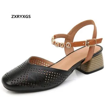 

2019 Newest Square Head Breathable Hollow Fashion Sandals Square Heel Shoes Woman Casual Sandals Plus Size Women Sandal Shoes