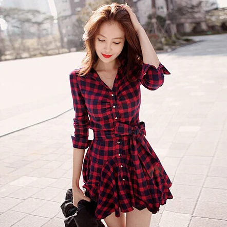 

Women Dress 2018 Spring Summer Retro Long Sleeve Dress Women Red Plaid Lapel Shirt Dresses Office Plus Size Work Wear