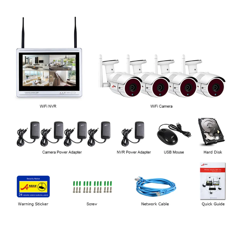 ANRAN 4CH Wifi CCTV камера 1" ЖК NVR комплект 1080P HD ночное видение наблюдения IP камера наружная камера безопасности