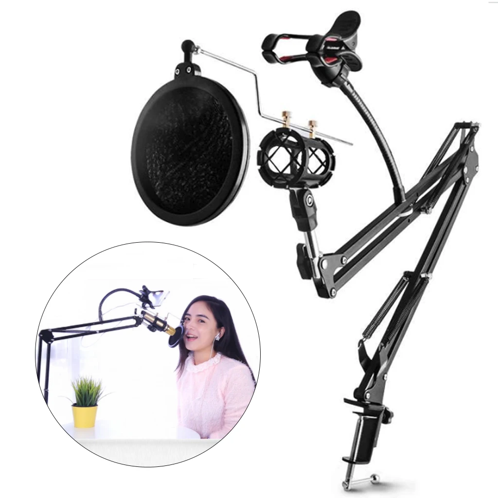 DYY Microphone Scissor Arm Stand and Table Mounting Clamp NW Filter Windscreen Shield Metal Mount Kit