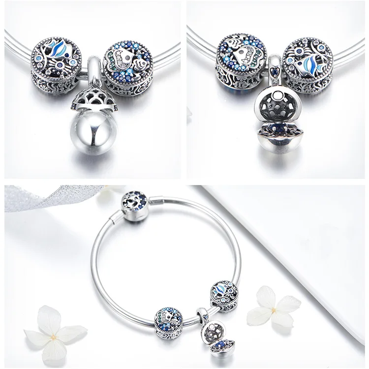 BAMOER 925 пробы серебряные браслеты с подвеской в виде тропической рыбы океана для женщин, голубой браслет с Луной и звездой, ювелирные изделия SCB813