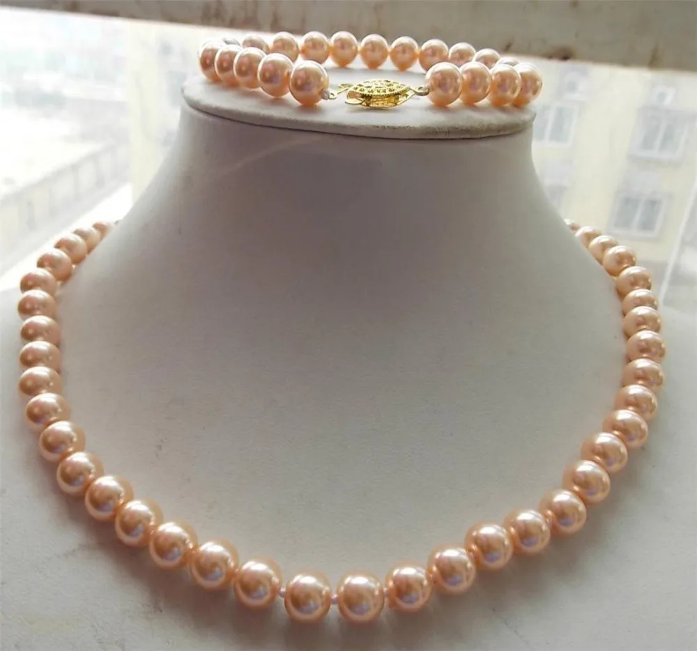 

free shipping charm Jew.657 Noble 8mm Orange South Sea Shell Pearl Necklace Bracelet 18'' 7.5'' Set ()