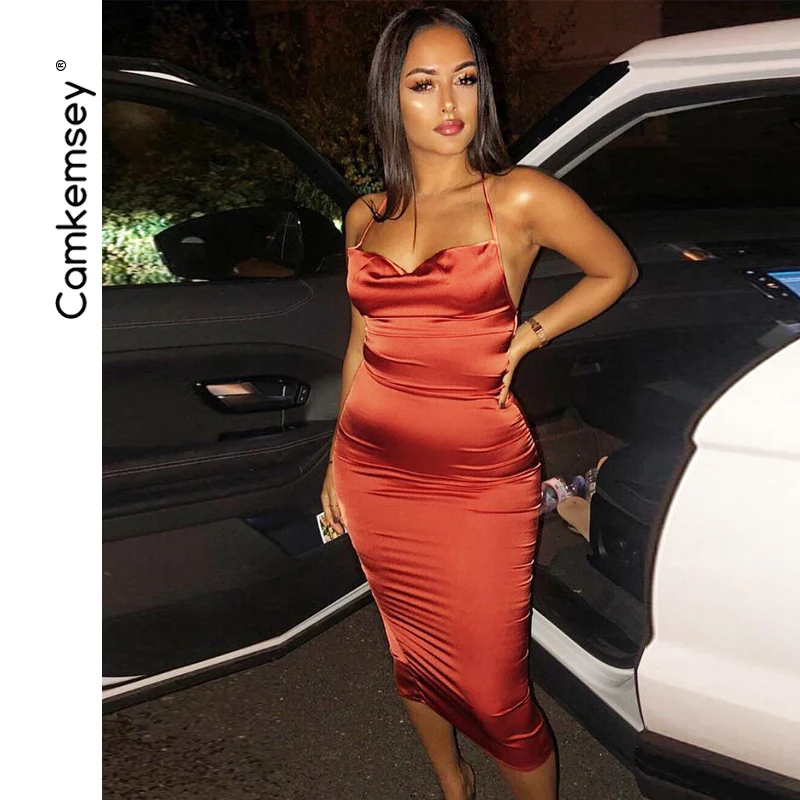 

CamKemsey Summer Dress Women 2019 Elegant Strap Halter Backless Neon Satin Sexy Bodycon Dress Lady Party Club Maxi Dresses