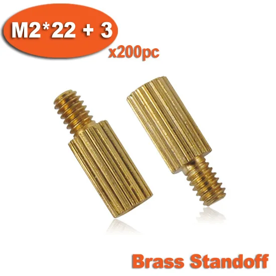 200pcs Male To Female Thread M2 x 22mm + 3mm Cylinder Shaped Brass