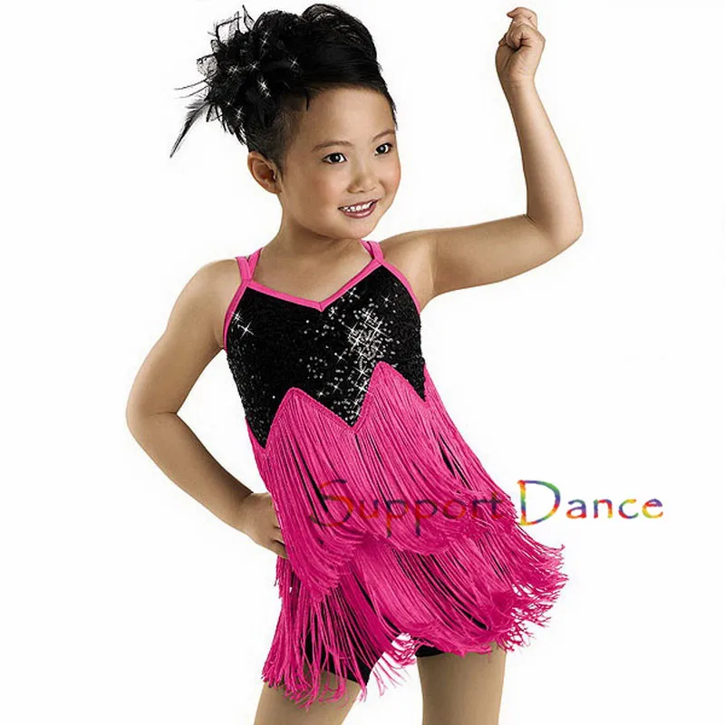 

Girls Sequin Latin Dress With Separate Tassels Women V-Neck Sexy Dance Costume LAT1