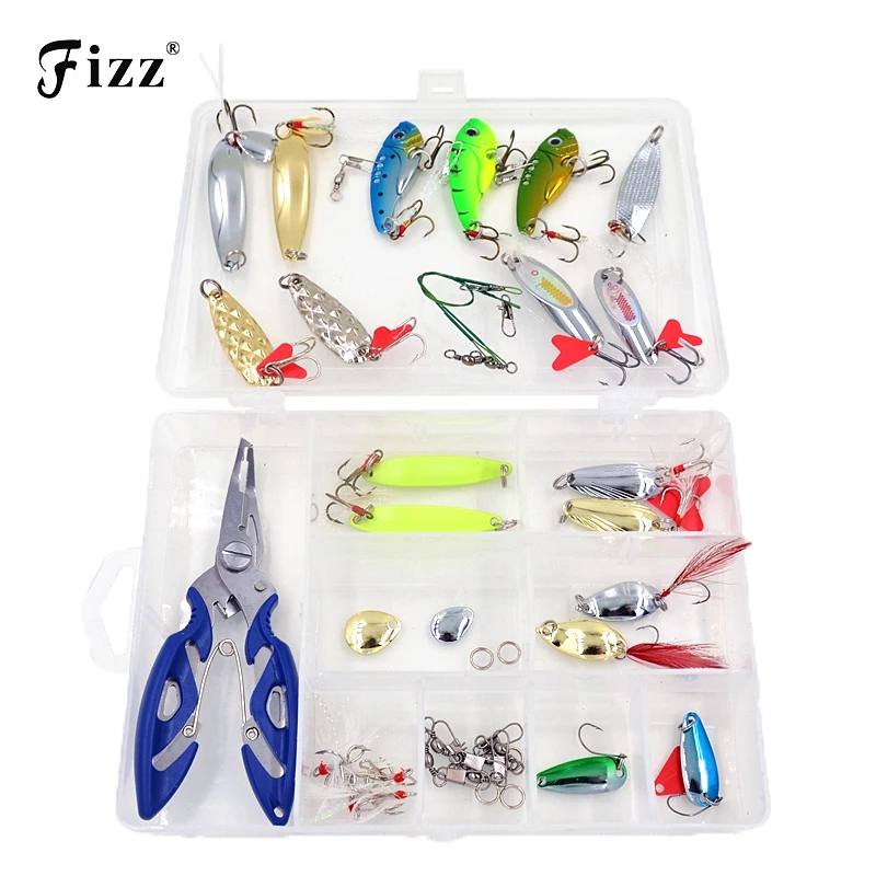 

41pcs/box Lure Fishing Tool Tackle Box Fishing Pliers Fishhooks VIB Spoon Lures with Feather Fishing Connector Rings Accessories