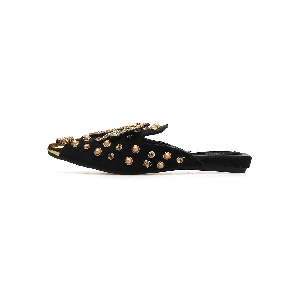 MIULAMIULA/брендовая Дизайнерская обувь, коллекция года, весенние роскошные женские шлепанцы на плоской подошве с заклепками, украшенные стразами и Пчелой, лоферы без застежки с острым носком, Вьетнамки, Размеры 35-40