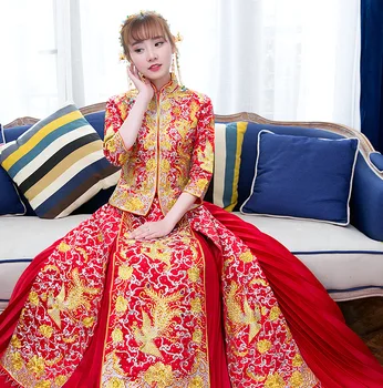 

High Quality Women Rhinestone Marriage Suit Chinese Traditional Phoenix Qipao Red Oversize Vintage 2PCS Top&Skirt Cheongsam Set