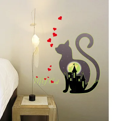 luminous black cat heart city wall sticker night light bedroom