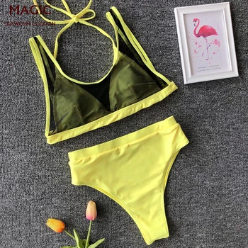

High Waist Bikini Sexy Solid Push Up Mesh Bandage Bikini Set Hot Sale 2 Piece Swimsuit Women Swimwear Biquini girls bathing suit