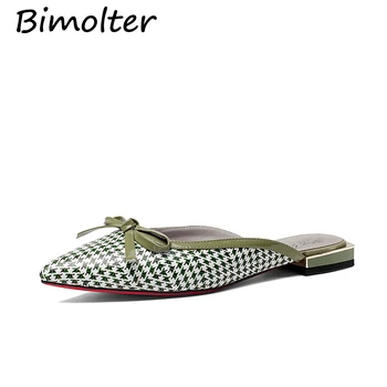 

Bimolter Genuine Leather Flat Shoes Woman Cow Leather Slippers Spring Summer Elegant Green Casual Shoes Women Flats LSYA001