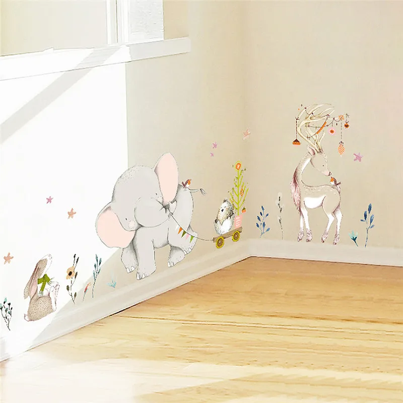 

Cartoon Forest Flowe Tree Elephant Rabbit Giraffe Animal Wall Stickers Kids Baby Room Decoration Vinyl Wallpaper Baby Bedroom