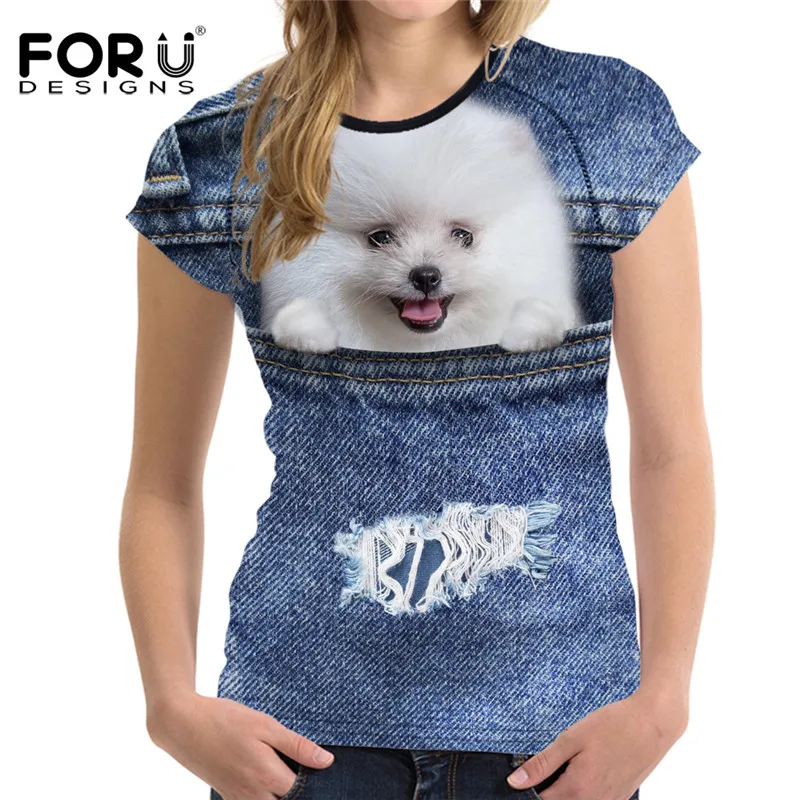 

FORUDESIGNS Cute Animal Pomeranian Dog Print Women T Shirt Summer Short Sleeve Top Tee 3D Blue Denim Pocket Tees for Teens Girls