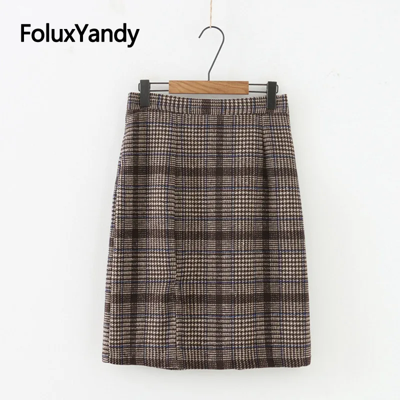 

Korean Style Skirt Women Plus Size Slim Office Lady Plaid Woolen Pencil Skirt SWM1290