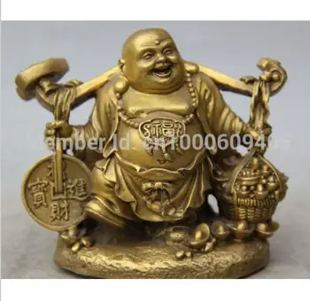 

6120<<<5" Chinese Brass Happy Laugh Maitreya Buddha Wealth Rich Coin Statue Sculpture