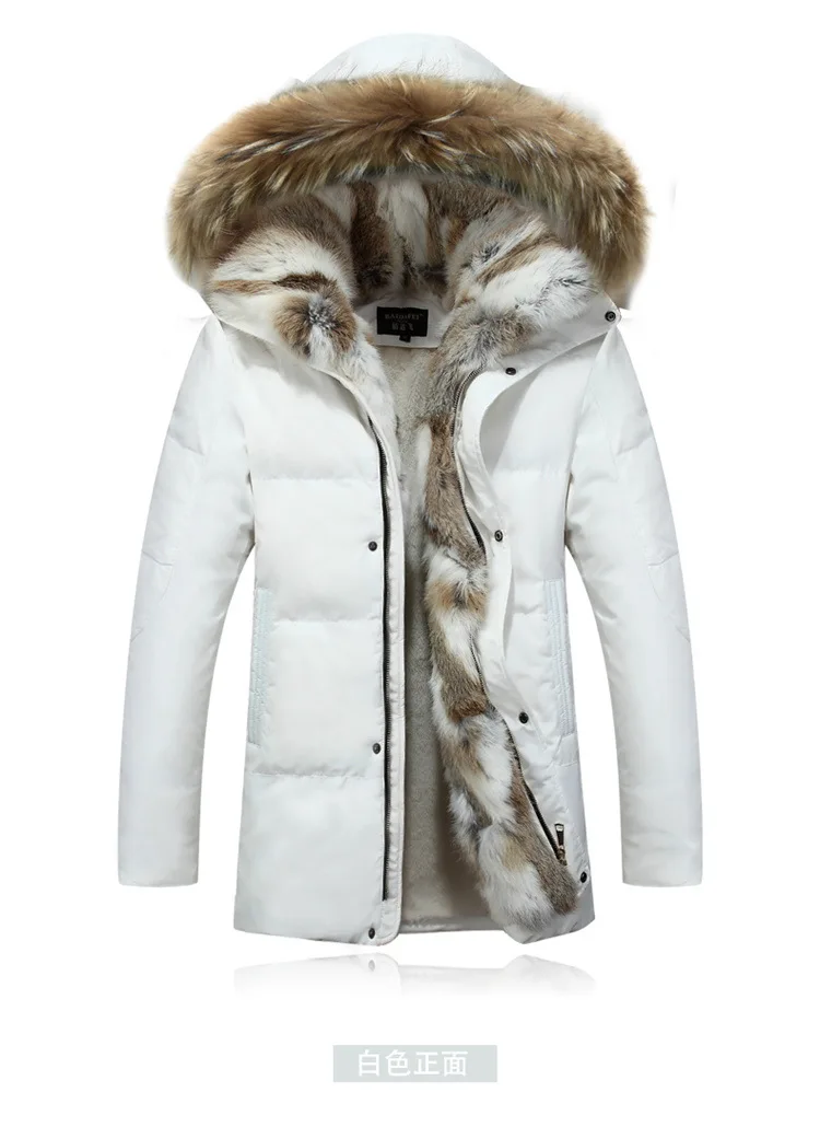 Мужская куртка на утином пуху, зимнее теплое пуховое пальто, роскошный меховой капюшон, шерстяная подкладка, повседневные толстые парки размера плюс 5XL WLF130 - Цвет: white