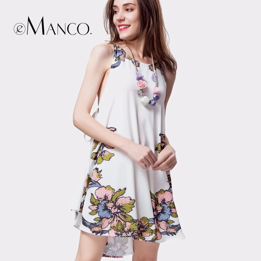 e-Manco Floral Beach Boho White Sexy dress Novelty Backless Strap hollow out Irregular Print Mini Dress women dress summer