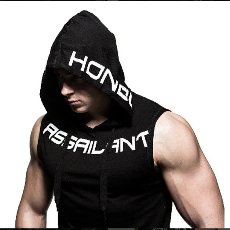 

2019 Summer Men's Sleeveless Tops Men's Hooded Tank Tops Bodybuilding Muscle Vest Sleeveless Men's Gym Hoodie Slim Tops D40