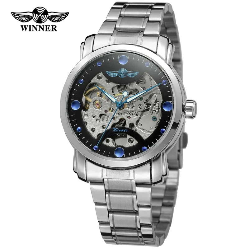Winner Blue Ocean Fashion Casual Designer Stainless Steel Men Skeleton Watch Mens Watches Top Brand Luxury