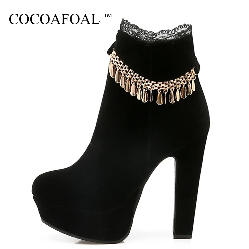

COCOAFOAL Woman Metal Decoration Flock Ankle Boots Winter Black Chain Chelsea Boots Plus Size 33 43 High Heeled Martin Boots