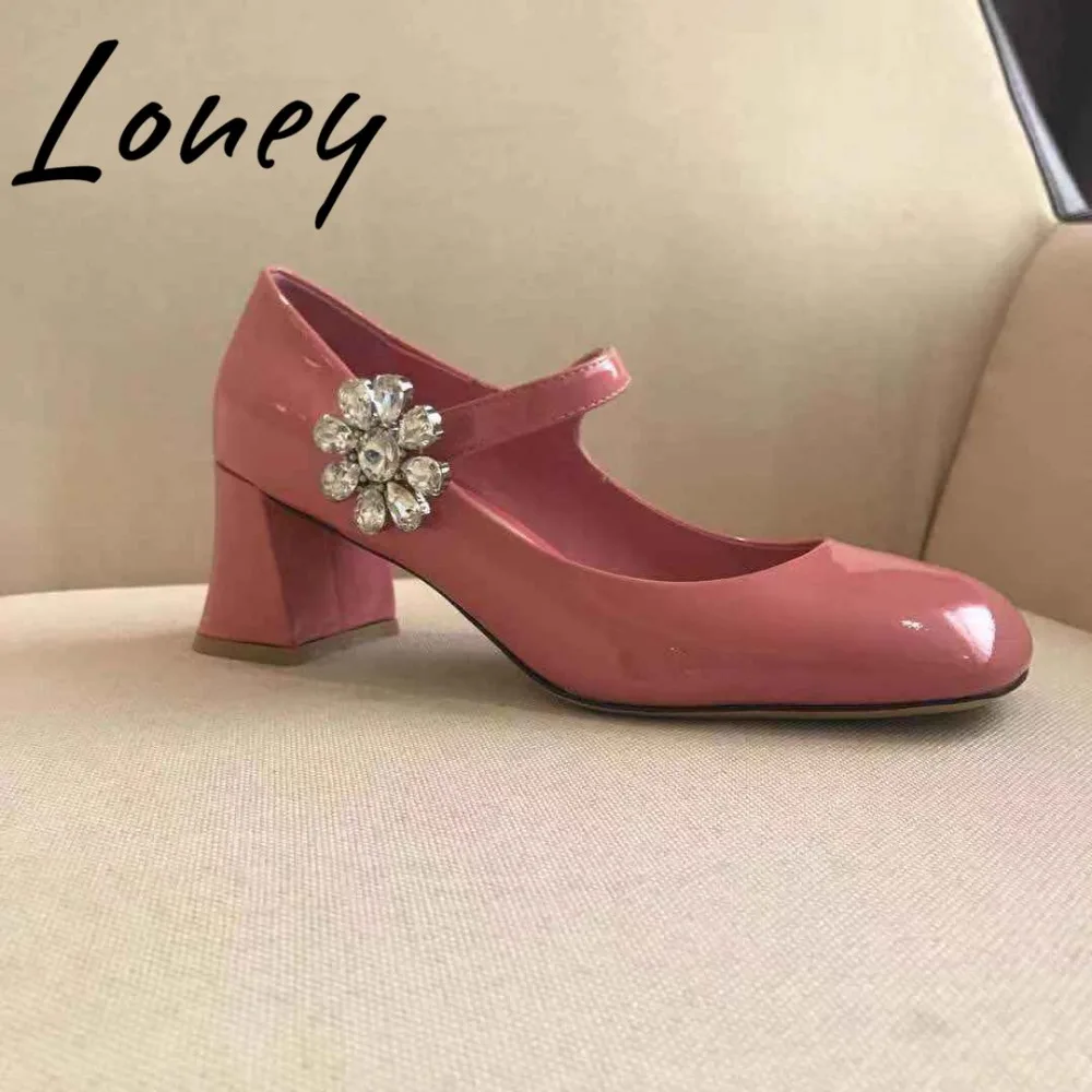 

LISN New Pink Genuine Leather Crystal Deco Summer Pumps Round Toe Buckle Strap Thick Heel Summer Sandals Shoes Women