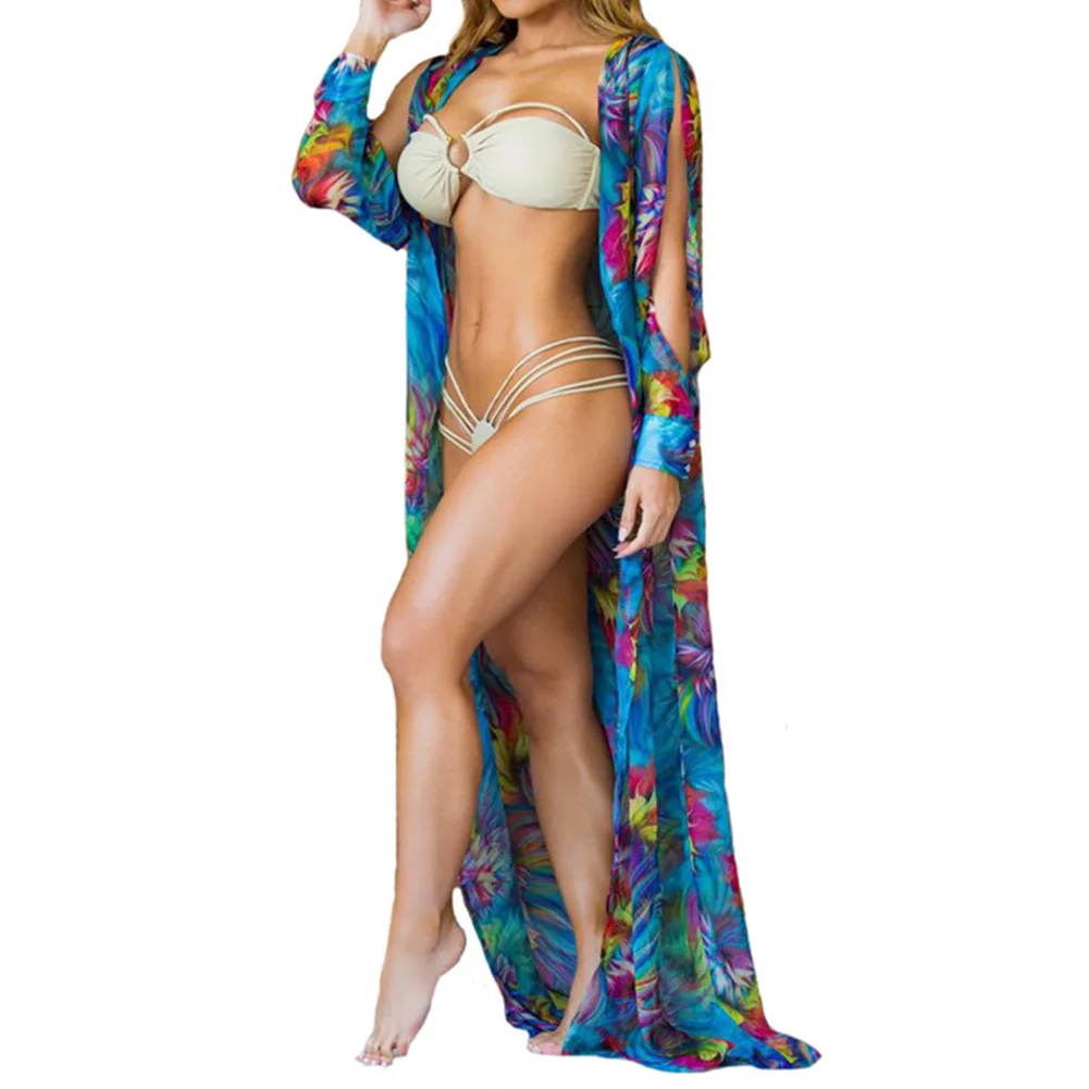 

Women Summer Beach Wear Floral Bikini Cover Up Slit Sleeve Irregular Chiffon Cardigan Style Suncare Long Open Shirt