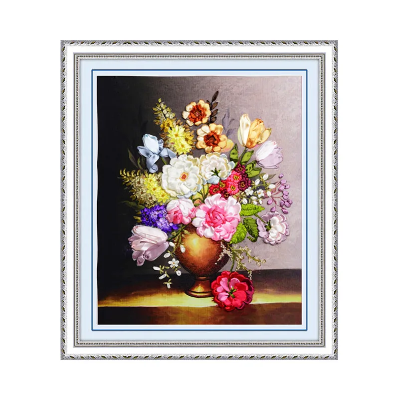 

3D Flower Vase Ribbon Embroidery Pink Handcraft Needlework Kits Print Cross Stitch DIY Handmade Wall Painting Craft