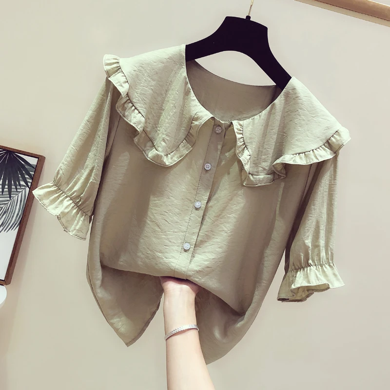 2019 New Women Spring Summer Blouses Peter Pan Collar Solid Shorts Sleeve Loose Flouncing Chiffon Shirt Female Casual Tops |