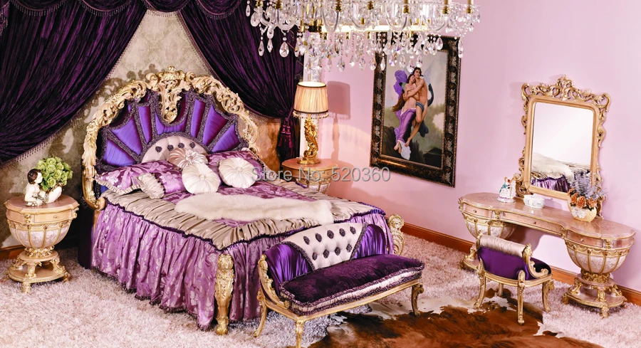 luxury european style woodcarving purple bedroom set, dresser set-in