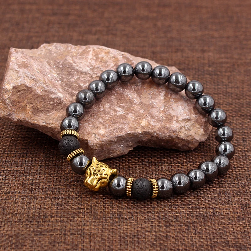 Hematite Stone Bead Bracelet Panther Crown Lion Charms bracelet jewelry