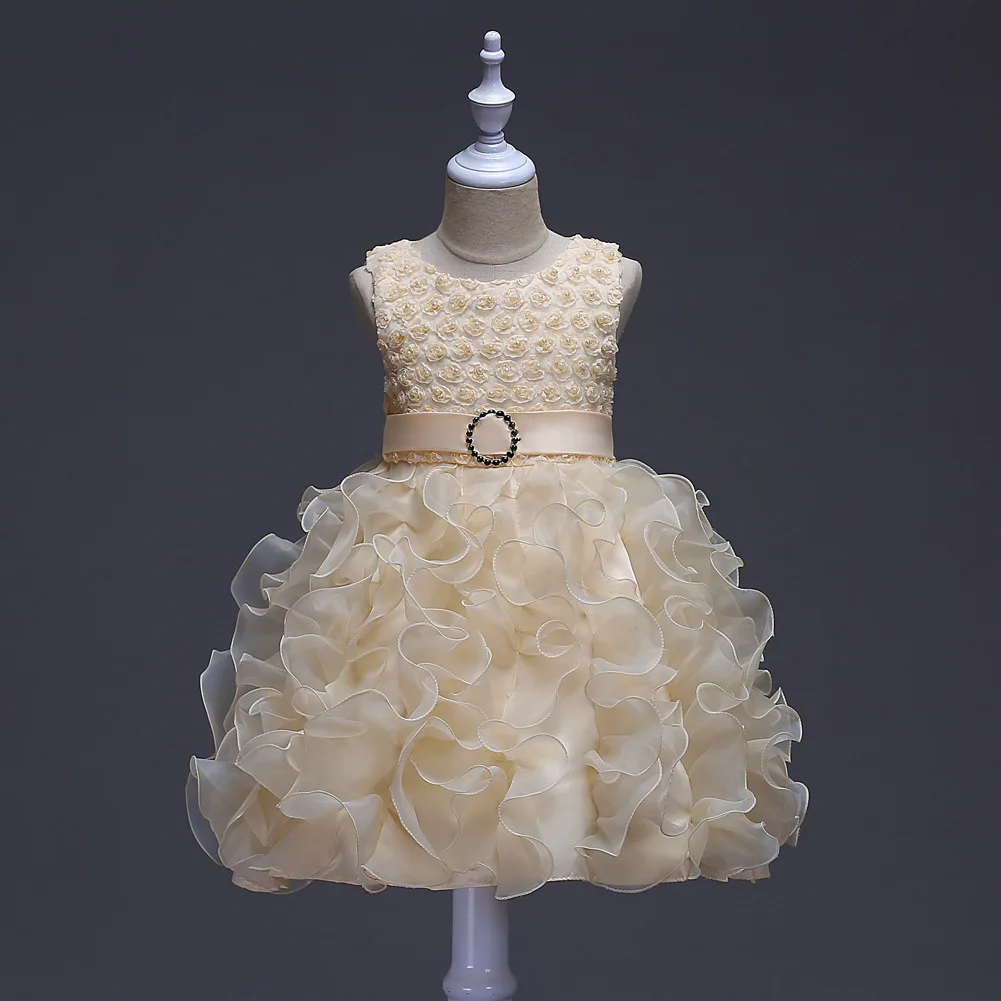 X016 красивые пушистые облака бисером аппликацией для девочек в цветочек платья Бежевый Кружева Тюль бальное платье для детей