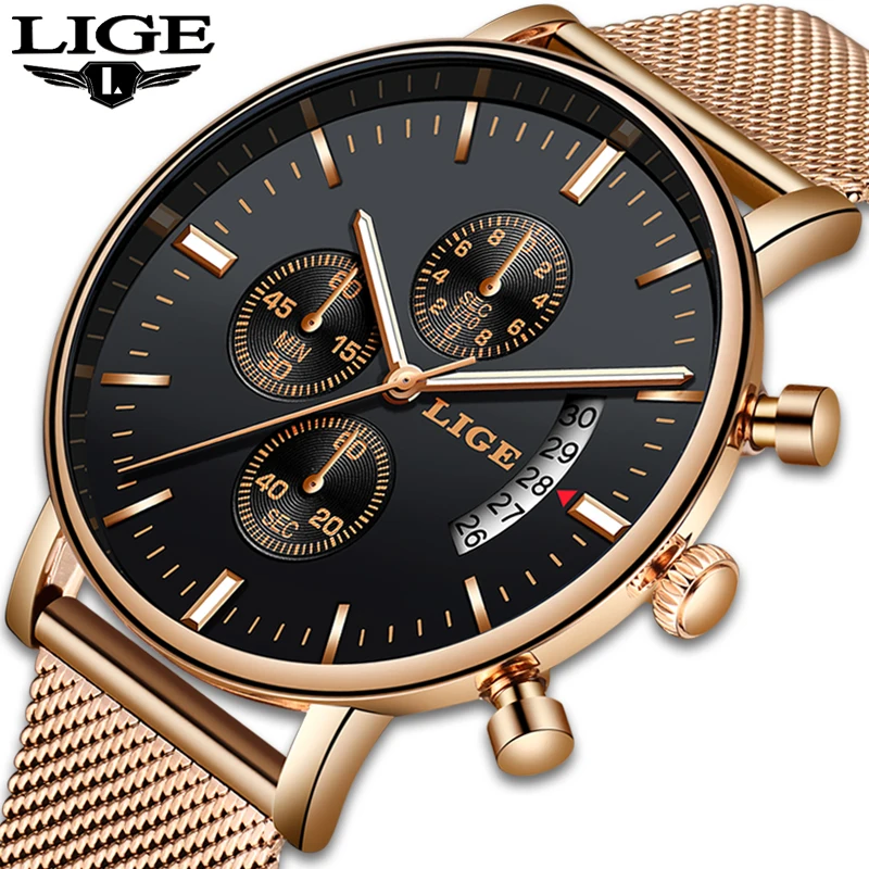 

New LIGE Mens Watches Top Brand Luxury Fashion Ultra Thin Quartz Watch Men Moon Phase Business Clock Sport Waterproof Relojes