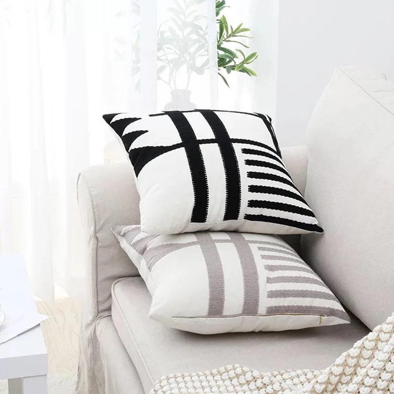 Декоративная наволочка для подушки черного, белого и серого цвета, вышитая квадратная наволочка для подушки 45x45 см с застежкой-молнией